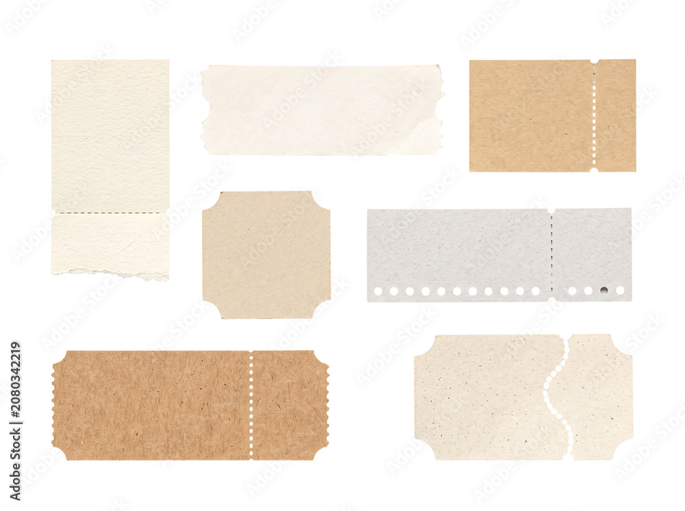 Fototapeta premium Assortment of blank vintage paper tickets with varying textures and perforation lines.