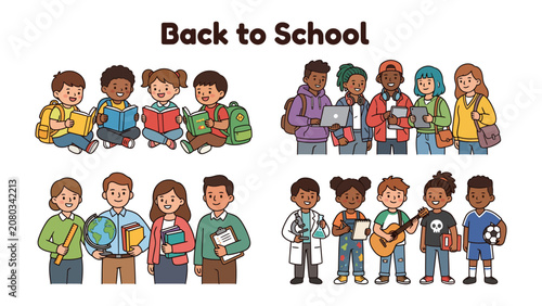 Fényképezés Back to School Diversity: A vibrant collection of children and young adults, representing diverse backgrounds and interests, ready to embrace a new academic year with enthusiasm