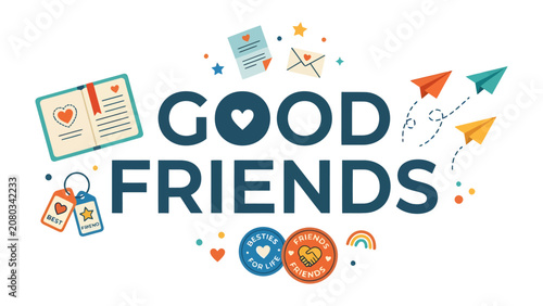 Photos Good Friends Typography: A vibrant graphic illustration celebrating the essence of good friends, featuring playful typography, heartfelt symbols, and whimsical elements like paper airplanes and tags