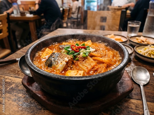 Spicy Korean mackerel and kimchi stew (Godeungeo Kimchi-jjigae) in a stone pot