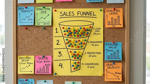 Close up of a corkboard displaying a hand drawn sales funnel diagram with sticky notes and colorful markers for visual planning.