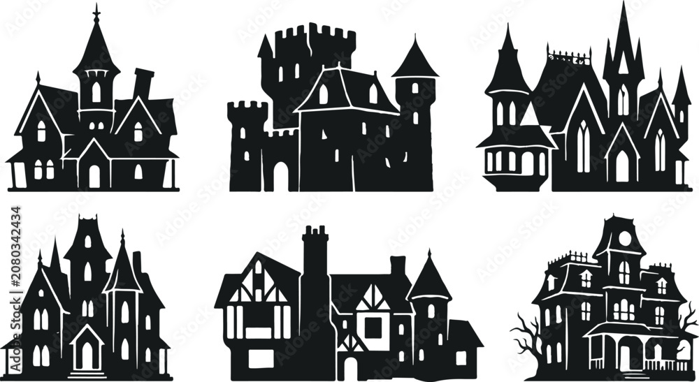 Fototapeta premium Collection silhouettes of haunted houses vector flat illustration. Set of scary house for Halloween and Halloween haunted house