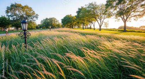 Serene Meadow With Ornamental Grasses And Vintage Lampposts At Sunrise