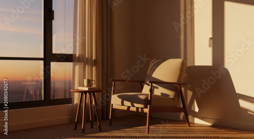 Serene Mid Century Armchair Bathed In Golden Hour Sunlight Indoors