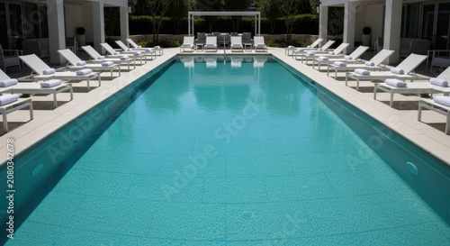 Serene Outdoor Swimming Pool With Rows Of Deck Chairs And Umbrellas Waiting For Guests