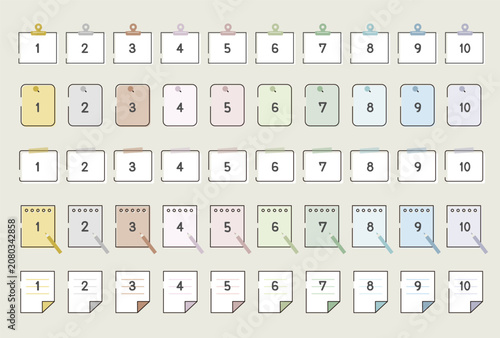 カラフルな線画の数字入りメモアイコンセット