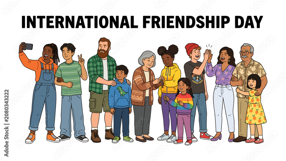 Obraz premium Celebrating International Friendship Day: A diverse group of people of all ages and backgrounds come together to celebrate friendship, sharing smiles and happy moments.