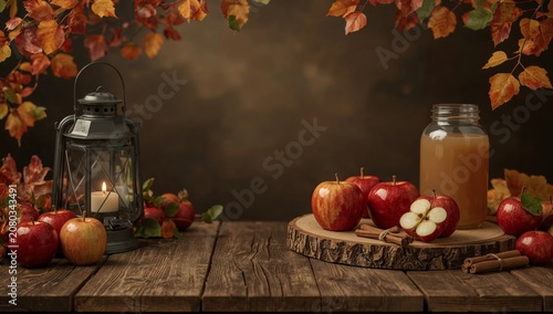 Apples and Cider Displayed With Autumn Leaves and Lantern on Wooden Table