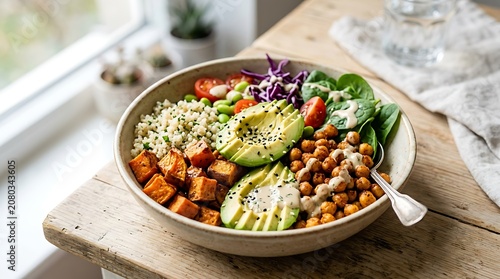 Healthy vegan buddha bowl with avocado and roasted chickpeas