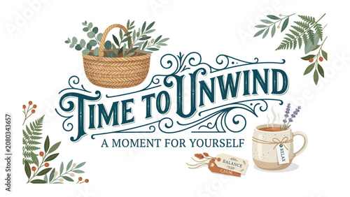 Fotografie Relaxation and Tranquility: A serene illustration depicts a Time to Unwind theme, featuring a woven basket brimming with greenery, a steaming mug of herbal tea, and delicate floral accents