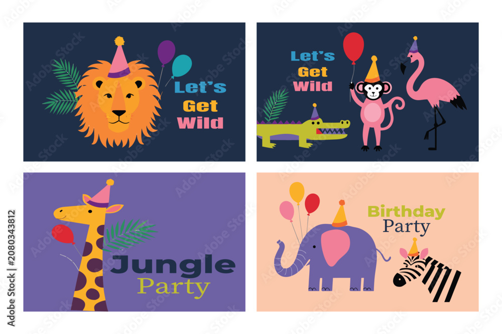 Fototapeta premium Cute Safari Jungle Animals Birthday Invitation Cards Cartoon Lion Giraffe Elephant Party Flyers Set.