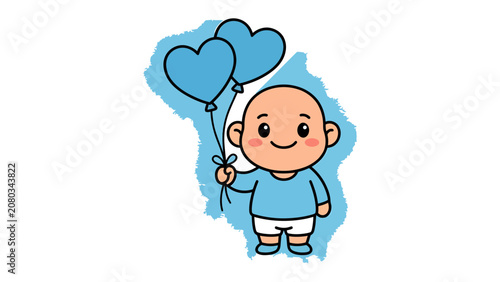 Obraz na plátně Cute Baby Holding Blue Heart Balloons: A charming cartoon baby, dressed in blue, holds two blue heart-shaped balloons, exuding innocence and joy