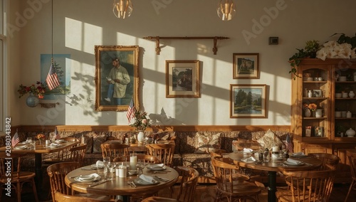 Dining Area With Wooden Tables and Art on the Walls Under Warm Sunlight in th...