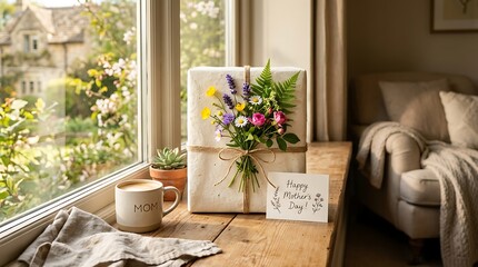Heartfelt mother's day gift with wildflowers and coffee on windowsill