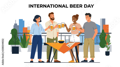 Fotografie International Beer Day Celebration: A group of friends joyfully clinks glasses filled with beer on a rooftop terrace