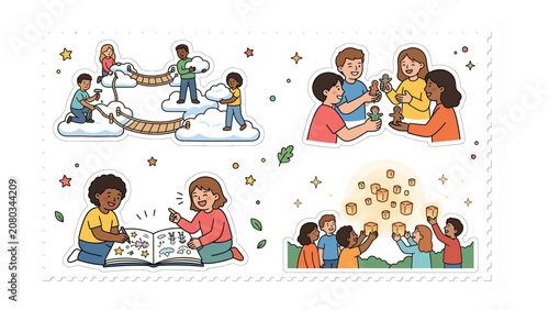 Creative Childhood Adventures: A vibrant collection of four illustrations depicting children engaged in imaginative play, learning, and communal activities, showcasing the joy and wonder of childhood