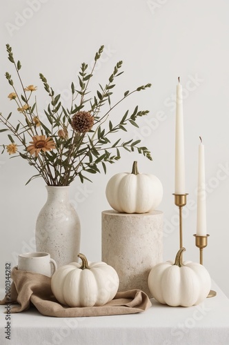 White Pumpkins and Flowers Are Placed on a Table With Candles in a Simple Set...