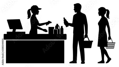 Photos Cashier processes grocery items while customers wait in line at the checkout counter