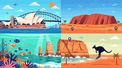 Australia Icons: Sydney Opera House, Uluru, Great Barrier Reef, Kangaroo