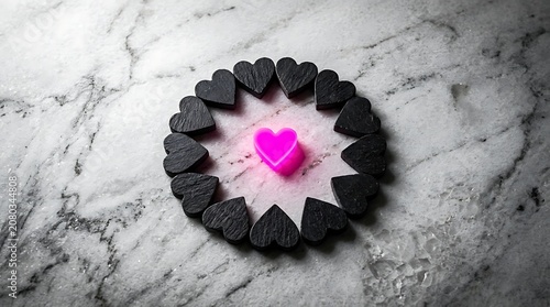 Glowing pink heart surrounded by black stone hearts on marble
