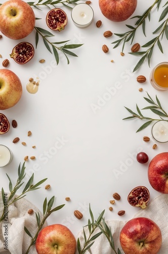 Arrangement of Apples, Nuts, and Candles Around a White Surface for a Seasona...