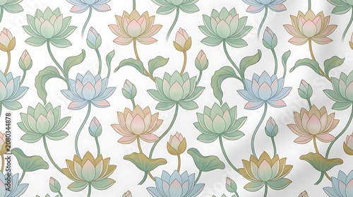 Seamless pattern of pastel lotus flowers and buds on white