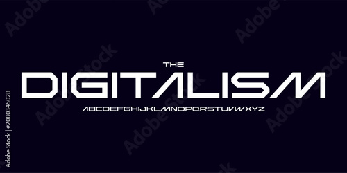 Fotografie Futuristic techno logo font, sharp angular letters, wide digital font for sci-fi headline, HUD interface, cyberpunk poster, AI startup branding, space tech design, dark EDM cover