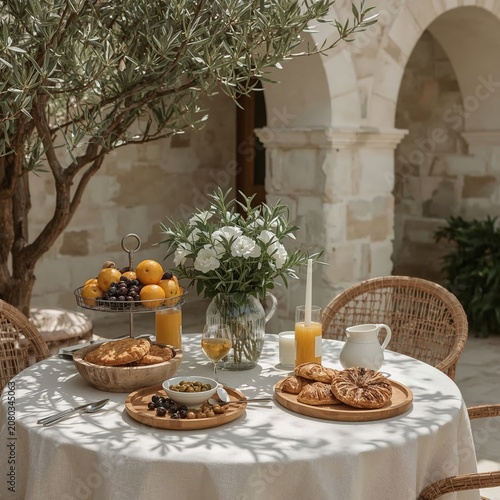 Brunch Spread on a Table Under a Tree With Fresh Fruits and Pastries