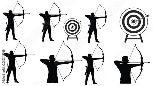 Schilderij op canvas Archery silhouette icons showing archer stance, aiming posture, and target board