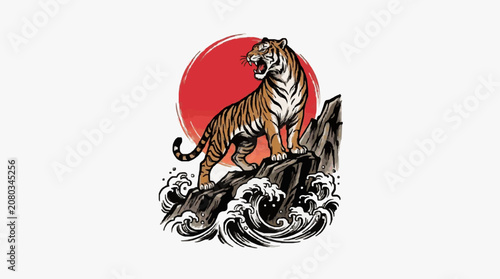 Foto Red and black striped tiger cat with intense gaze.