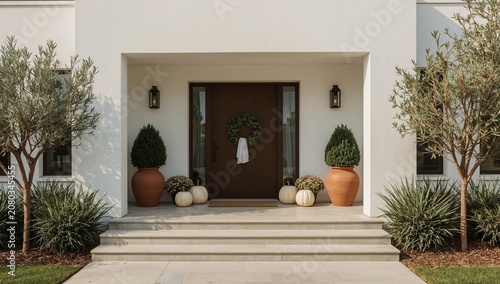 Front Entrance of a House Decorated for Fall With Pumpkins and Plants