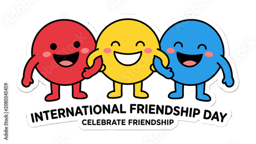 Fotografía Celebrating Friendship Day: Three colorful cartoon characters with joyful expressions stand together, embracing and waving, symbolizing international friendship and togetherness