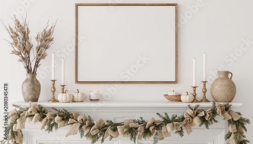 Decorative Mantel With Candles, Vases, and a Blank Frame Set in a Simple Room