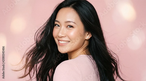 Beautiful Asian Woman Smiling on Pink Background Youthful Beauty and Natural Elegance