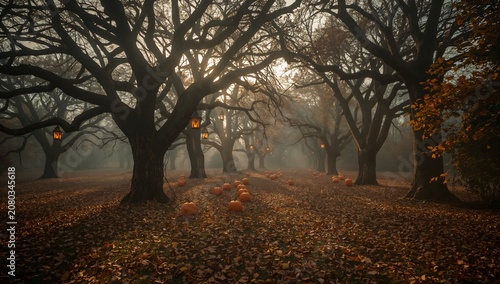 Creepy Atmosphere With Pumpkins in a Foggy Forest During Autumn
