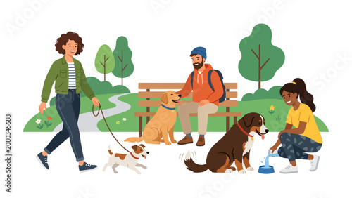 Cuadro en lienzo Park Life with Pooches: A vibrant illustration depicts a sunny day in a park, where people and their canine companions enjoy leisurely activities