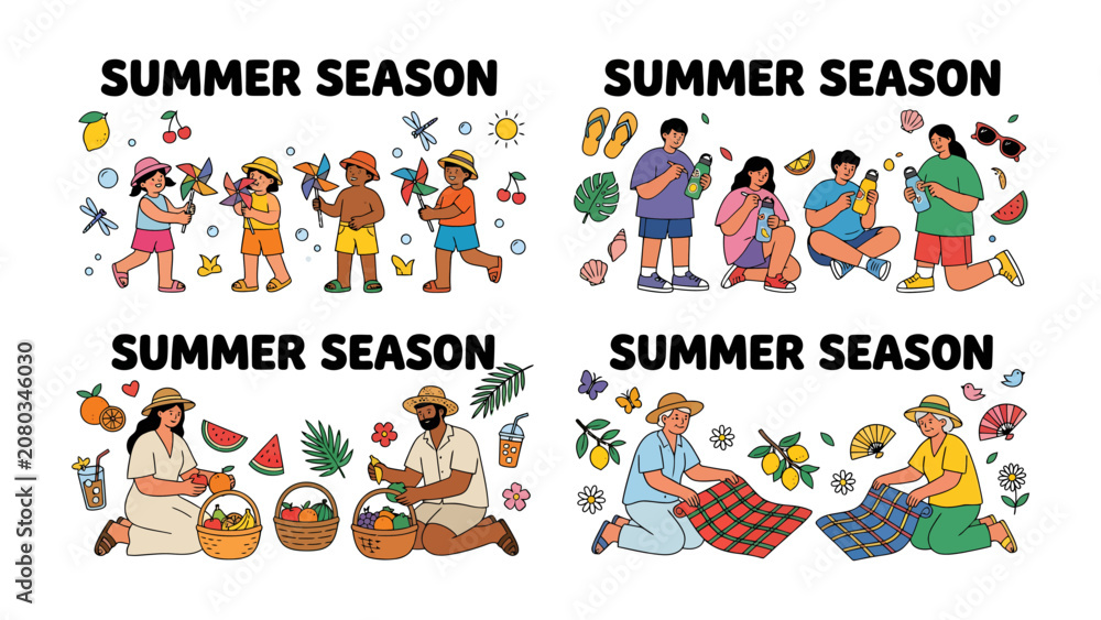 Fototapeta premium Summer Season Collection: A vibrant collection of illustrations depicting various joyful summer activities and scenes, celebrating the essence of the season.