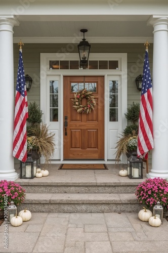 Decorative Front Porch With Flags and Seasonal Plants for Autumn Events