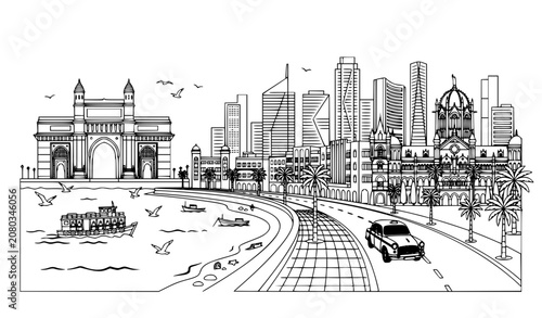 Mumbai City Skyline Line Art Vector Illustration Featuring Gateway of India Marine Drive Famous Landmarks Skyscrapers and Traditional Taxi for Travel Tourism Designs