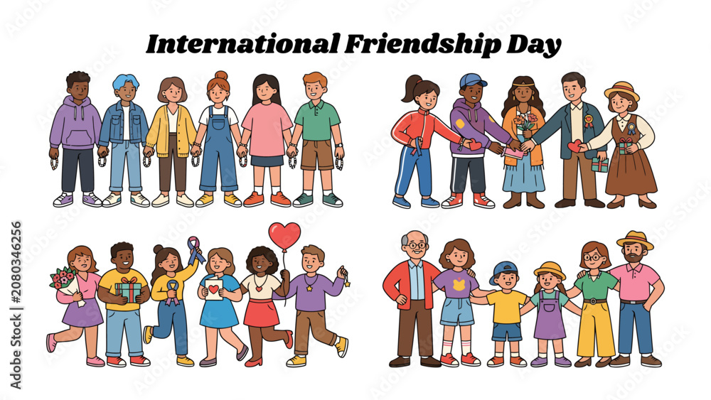 Fototapeta premium Friendship Day Celebration: A vibrant illustration depicting diverse groups of people celebrating International Friendship Day with smiles, gifts, and gestures of camaraderie.