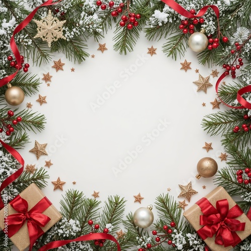 Christmas Decoration With Gifts, Ribbons, and Ornaments on a White Background