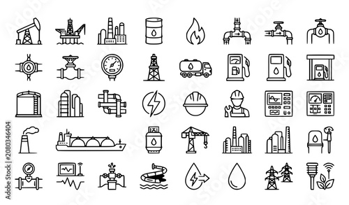 Foto Oil and Gas Web Icons Line Style Energy Industry Petroleum Extraction Vector UI