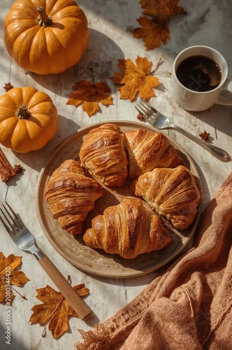 Croissants on a Plate With Pumpkins and Autumn Leaves in a Cozy Setting