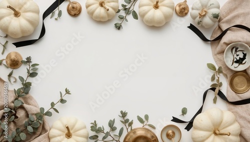 Decorative Arrangement of White Pumpkins and Greenery on a Light Background D...
