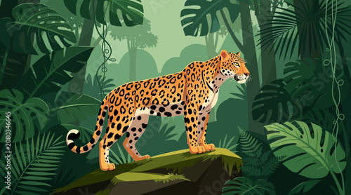 Jaguar in lush green jungle understory, detailed illustration