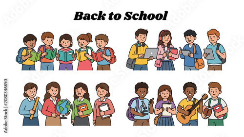 Foto Back to School Delight: A vibrant illustration depicting students, teachers, and their learning essentials, ready to embrace the new academic year with enthusiasm and excitement