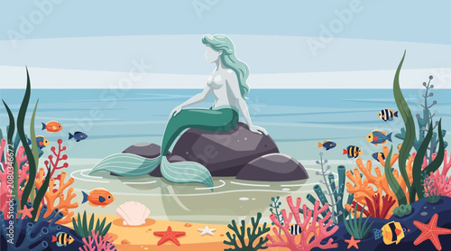 Mermaid Sitting on Rock by Coral Reef, Tropical Ocean Scene