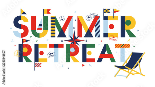 Canvastavla Summer Retreat Typography: A vibrant, colorful typographic design announces SUMMER RETREAT, incorporating nautical elements, flags, and a deck chair, evoking a sense of vacation and leisure