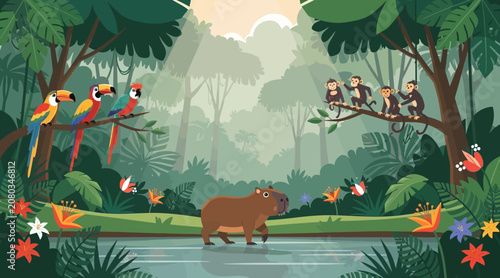 Vibrant Rainforest Scene with Exotic Animals and Lush Vegetation
