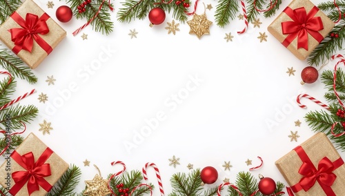 Christmas Decorations With Gifts, Pine Branches, and Ornaments on a White Bac...